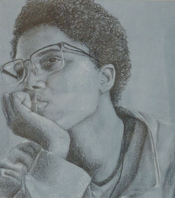 pencil drawing of student with glasses