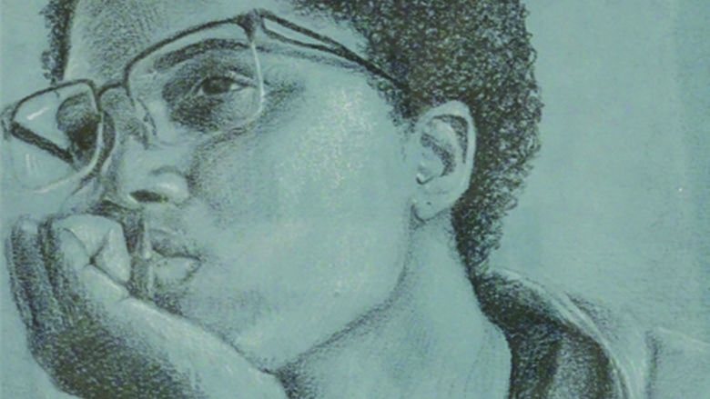 pencil drawing of a student with glasses