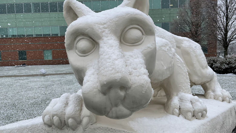 Lion Shrine in front of campus in the snow