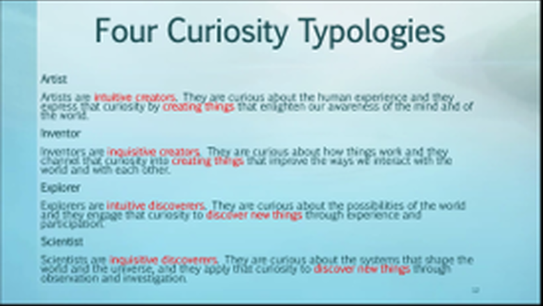 PowerPoint screen showing the 4 curiosity typologies