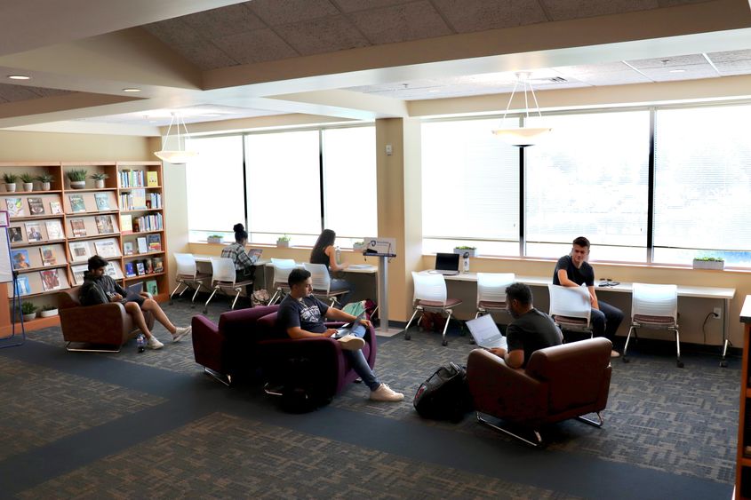 students studying in lounge chairs and desk chairs in library