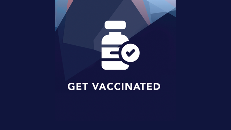 Illustration of a vial on a blue background with the words "Get Vaccinated" below it.