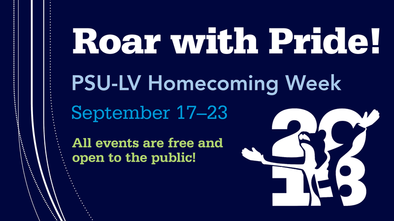 Text reading "Roar with pride! PSU-LV Homecoming Week, September 17-23. All events are free and open to the public"