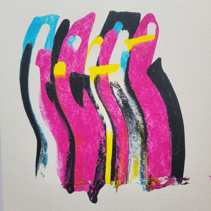 Abstract painting of vertical wavy swaths of cyan, magenta, black, and yellow paint.