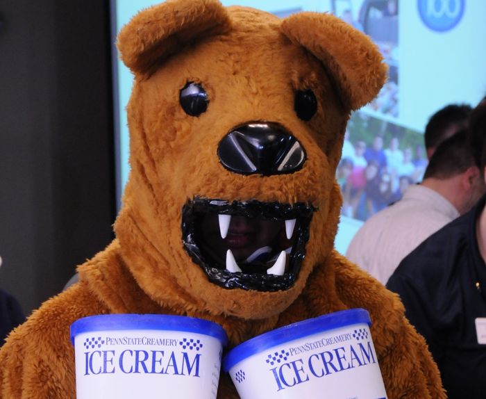 Nittany Lion holding ice cream cartons