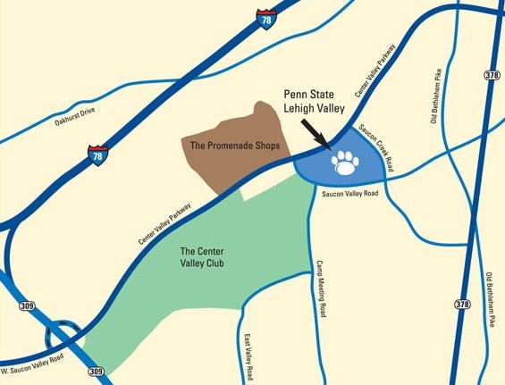 directional map of the main roads around the Penn State Lehigh Valley campus