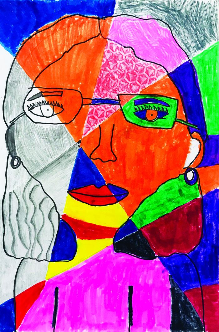 Cubism-style drawing of girl with glasses using bright colors