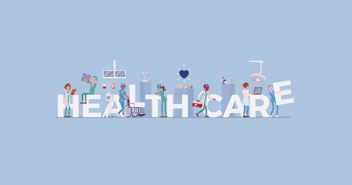graphic of the word healthcare with people 
