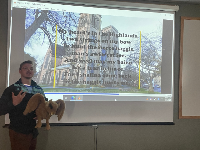 Jack Griffin, a student in the PSU-LV honors program, presents his research on the mythical Scottish haggis during the recent Scotland Film Festival event. 