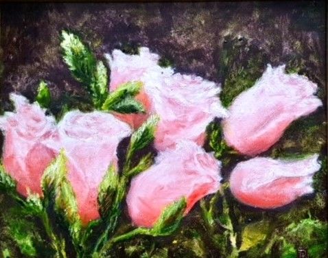 A painting of pink roses