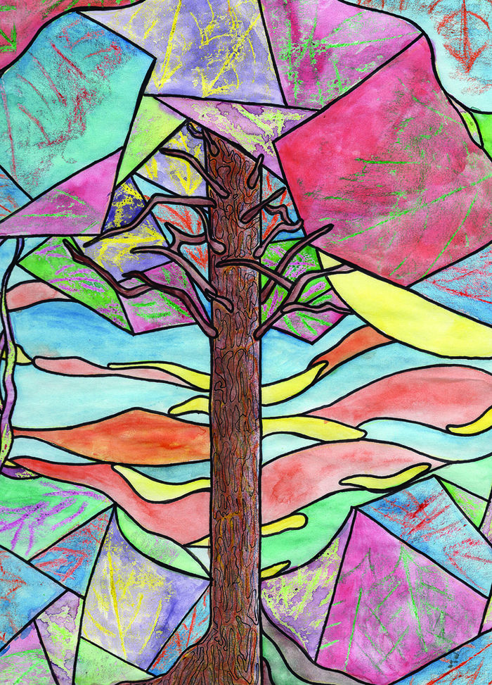Drawing of a tree in the style of stained glass.