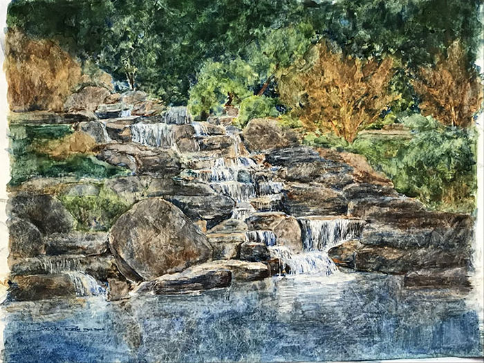 Water color painting of a small waterfall.