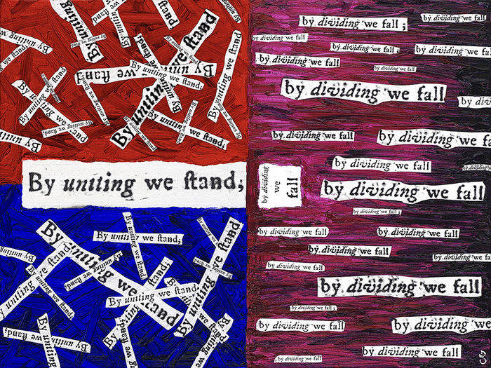 paper collage in red what and blue with words "By uniting we ftand"