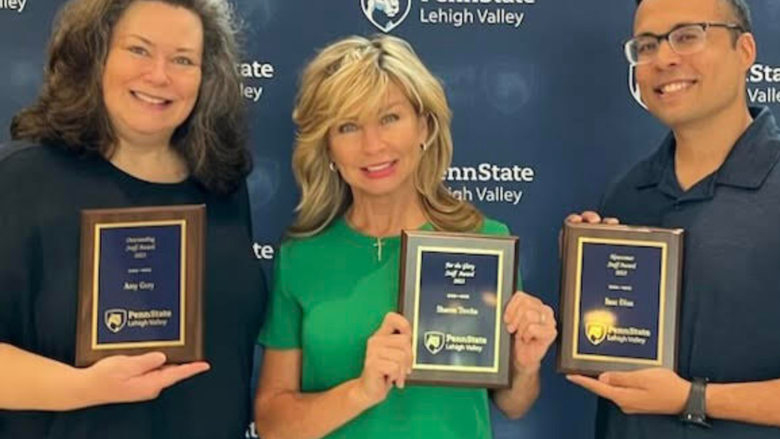 A photo of three Penn State Lehigh Valley faculty members; Amy Gery, Sharon Tercha and Izac Diaz who received recognition on All Campus Day for their achievements.