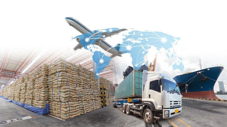A collage image of stacks of dry goods, airplane, truck, ship, and world map.