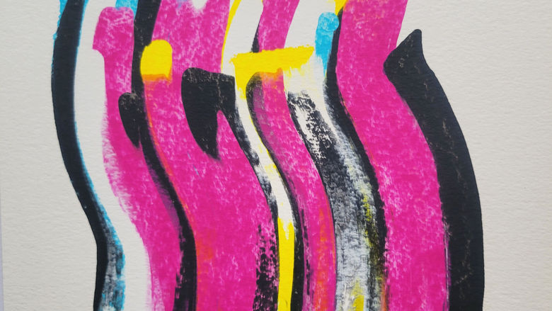 Abstract painting of vertical wavy swaths of cyan, magenta, black, and yellow paint.