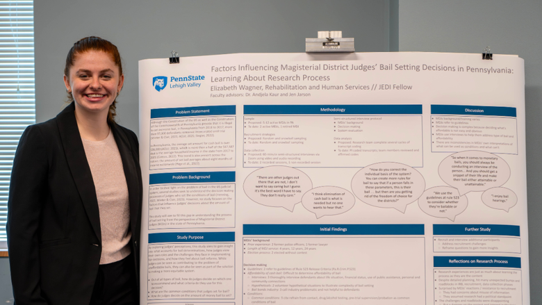 A student smiling next to a research poster