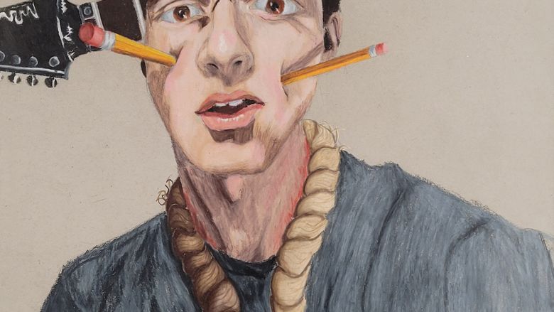 drawing of a man with pencils in his cheeks 