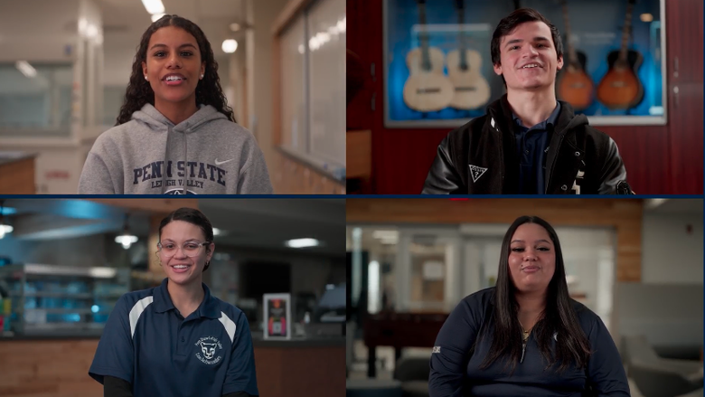 Collage of four individuals in indoor settings. Each wears distinct attire, including a Penn State hoodie, a black jacket, a blue polo, and a dark shirt.