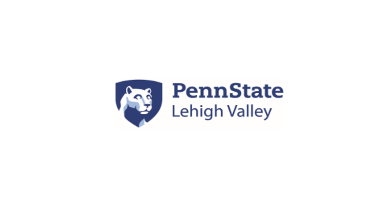Penn State Lehigh Valley logo. The logo features a blue shield containing a white silhouette of the Nittany Lion head. To the right of the shield, the text reads 'PennState Lehigh Valley' in blue.