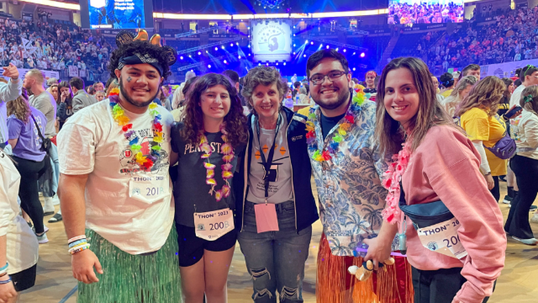 Debbie Zuech-Smyrl (middle) with PSU-LV THON 2023 Dancers L-R: Anthony Garcia, Trysta Pechonka, Josh Huyssen, and Hope Green. 
