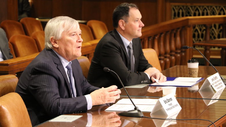 Penn State President Eric Barron and James Delattre address lawmakers at the state Capitol in Harrisburg. 
