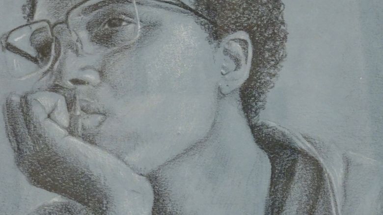 pencil drawing of student with glasses