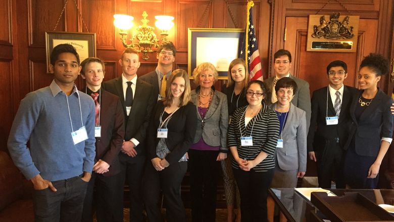 Group of Penn State Lehigh Valley students with State Senator Boscola