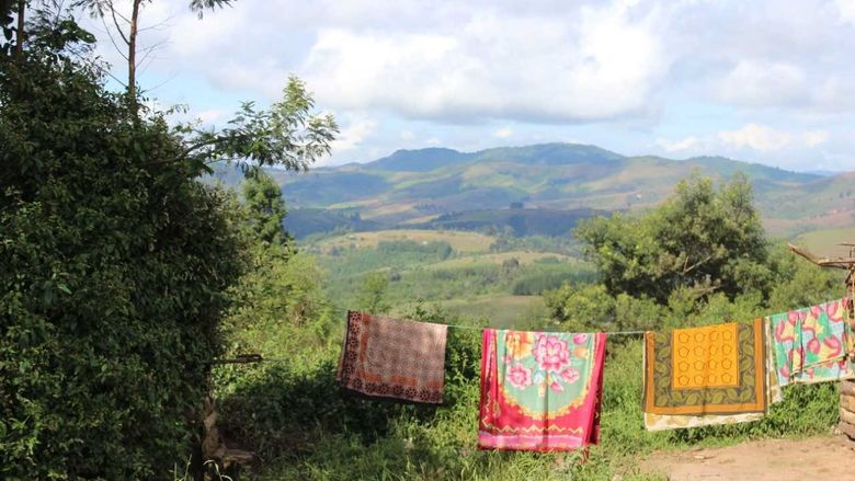 Blankets drying outside on clothing line