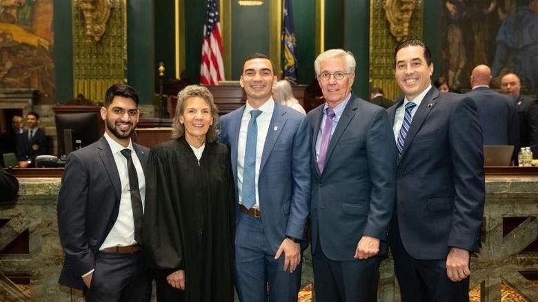 Senator Nick Miller (center) with Previn Joseph, Miller’s mother, Lehigh County Judge Michele Varricchio, Mike Krajsa, and Chris LaBonge