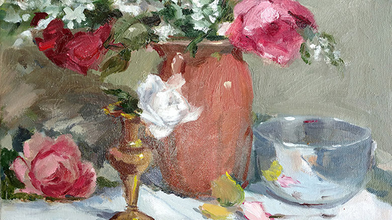 painting of red roses and one white rose
