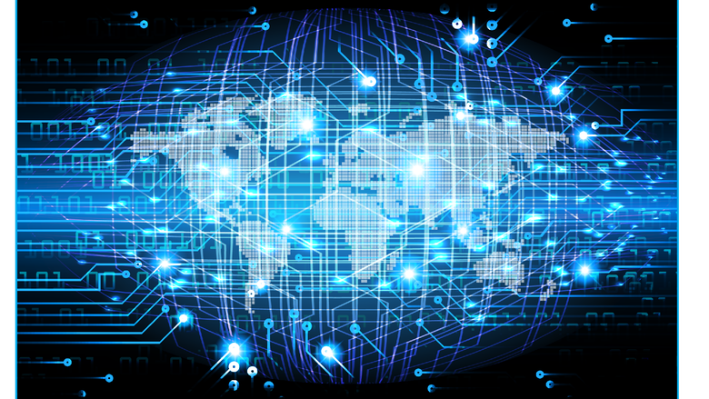 image of map of world with blue lights and lines