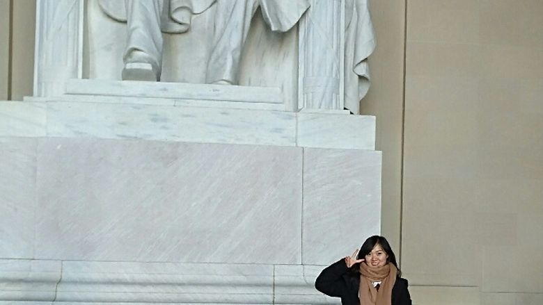 Student in front of Lincoln Memorial in D.C.