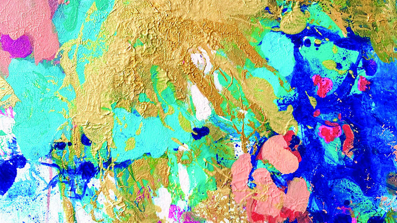 Abstract painting, color blotches in teal, peach, gold, pink, and navy.