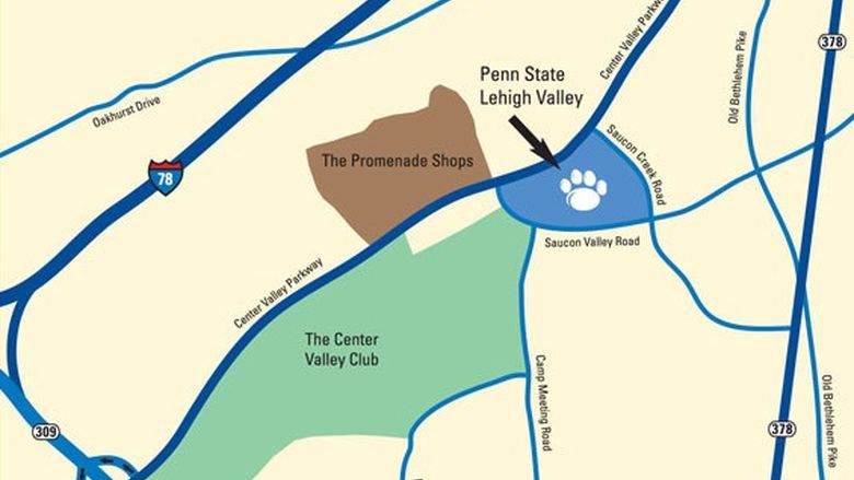 directional map of the main roads around the Penn State Lehigh Valley campus