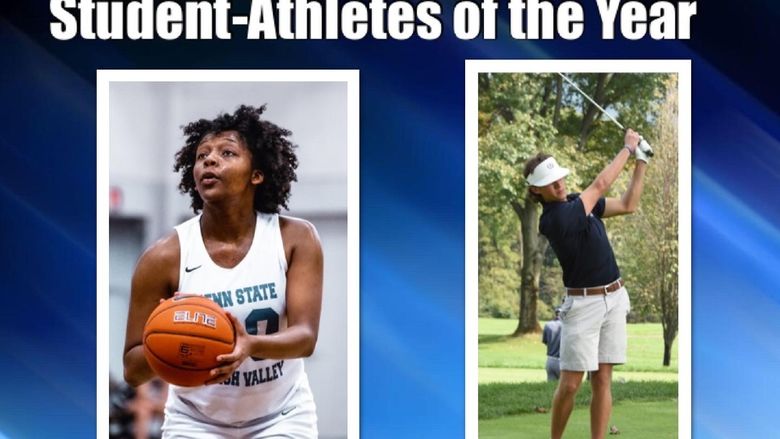 young woman playing basketball and young man playing golf