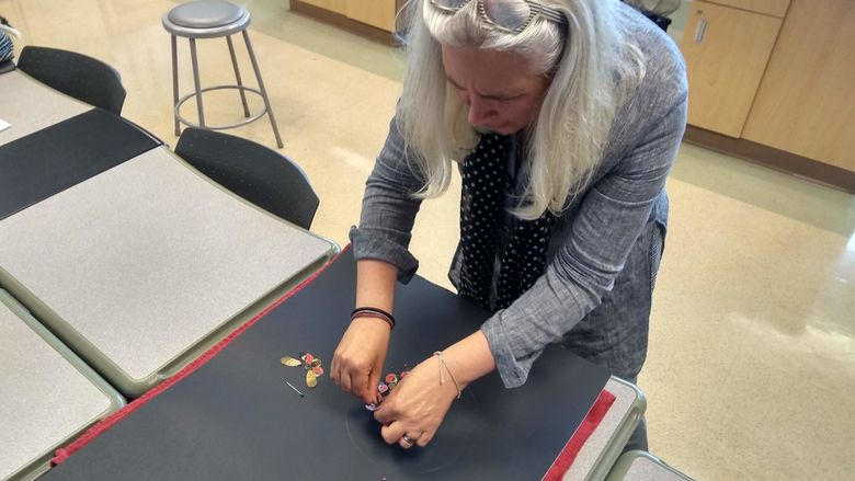artist pinning insect wings on a board