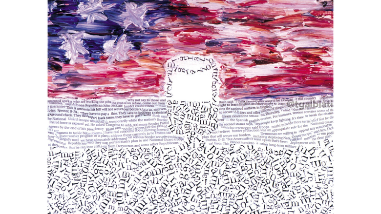 An abstract, acrylic painting of an American flag