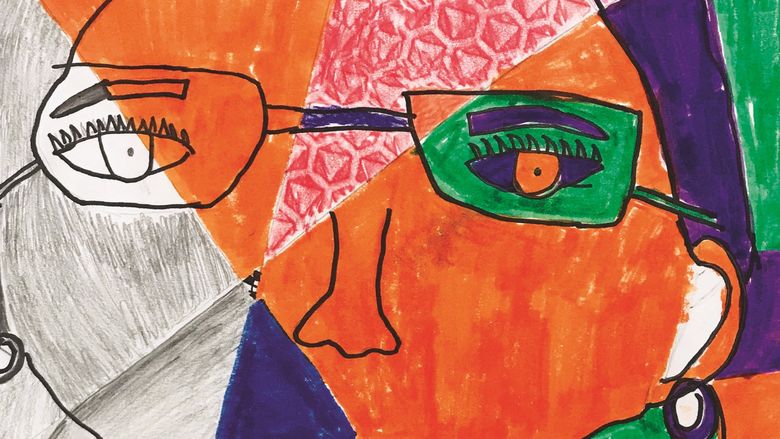 cubism-style drawing of girl with glasses using bright colors