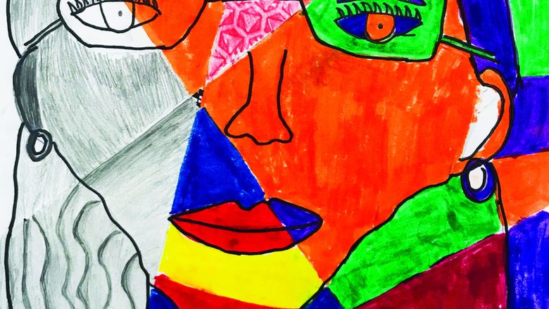 Cubism-style drawing of girl with glasses using bright colors