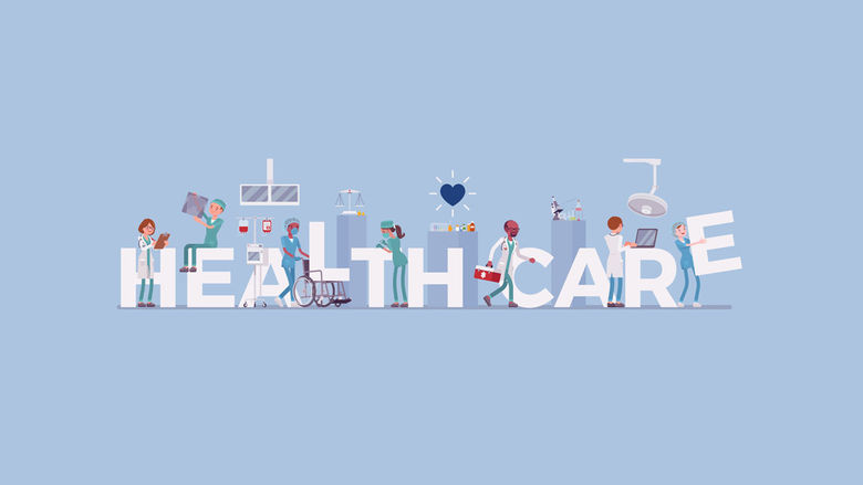 graphic of the word healthcare with people 