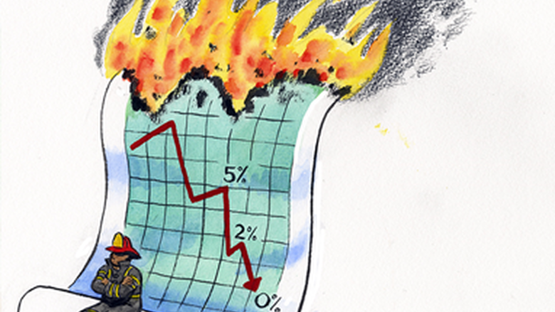 Illustration of a large scroll on fire at the top, the scroll has a graph with a big red line going down over time. There is a fireman sitting on the bottom of the scroll with his arms crossed and his back to the graph.