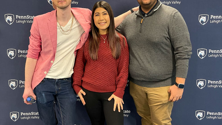 Tyler Gehris, Barbara Awad, and Hemil Patel standing in front of a Penn State Lehigh Valley sign