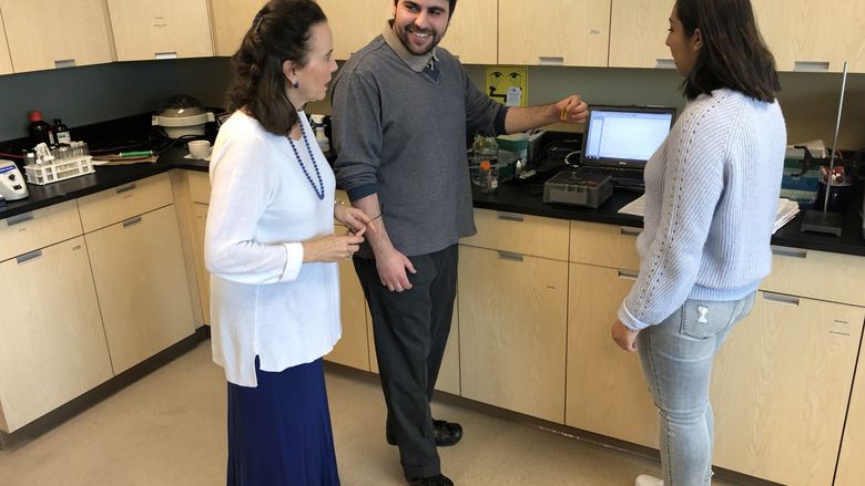 Professor working with two students in a lab