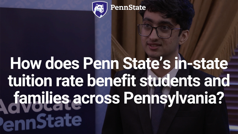 An image of student Kriday Sharma overlaid with the Penn State mark and the text "How does Penn State's in-state tuition rate benefit students and families across Pennsylvania?"