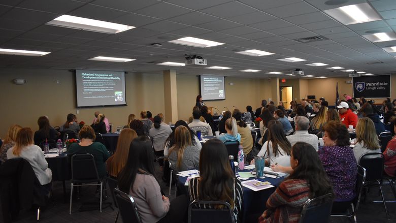 woman lecturing to big group 