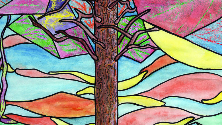 Drawing of a tree in the style of stained glass.