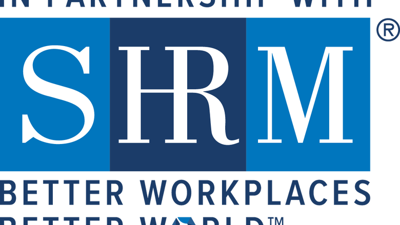 Blue and white logo with the words: In Partnership with SHRM. Better workplaces better world.