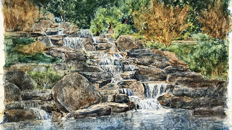 Water color painting of a small waterfall.