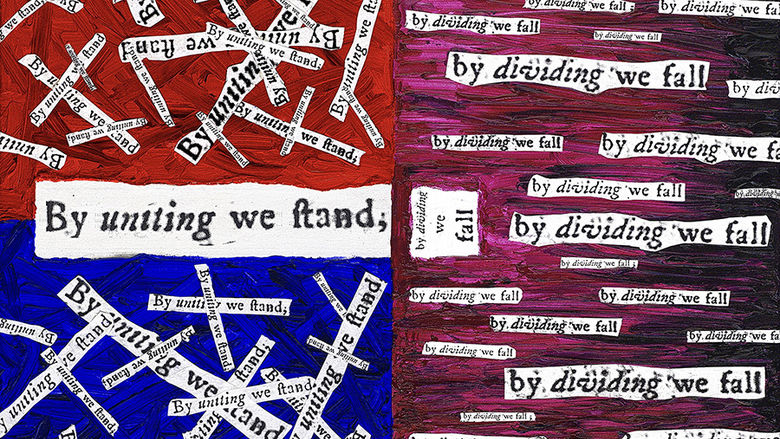 paper collage in red what and blue with words "By uniting we ftand"